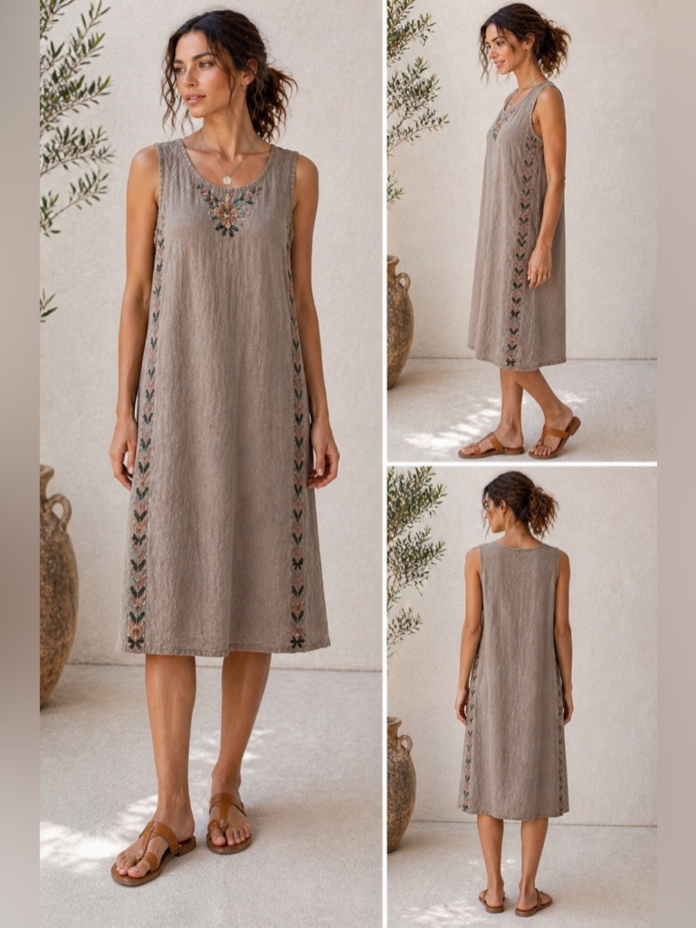 Natura Embroidered Sleeveless Midi Dress XS Taupe Boho Portugal
